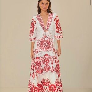 FARM Rio White Maxi Dress with Red Floral Embroidery